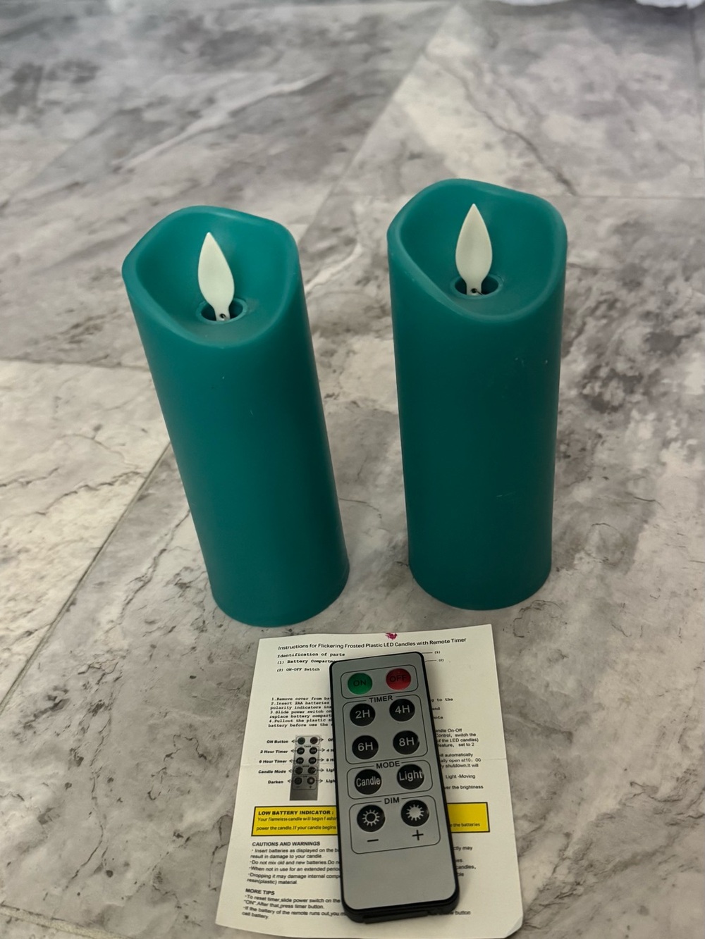 Teal LED Flameless Pillar Candles with Remote - Set of 2